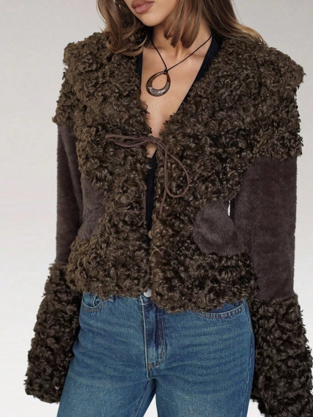 Brown Casual Women's Curly Faux Fur Collar Patchwork Open Front Short Jacket - Picture 5 of 6